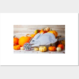 Rabbit Wheelbarrow With Pumpkins Posters and Art